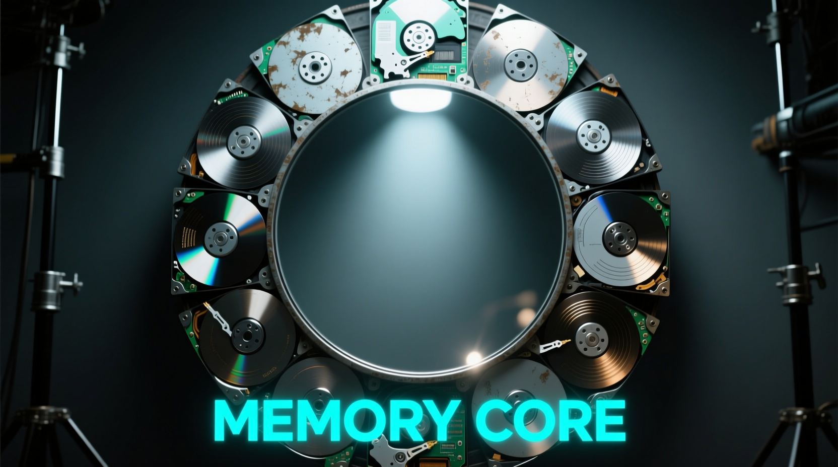 Circular mirror framed with repurposed hard drive platters