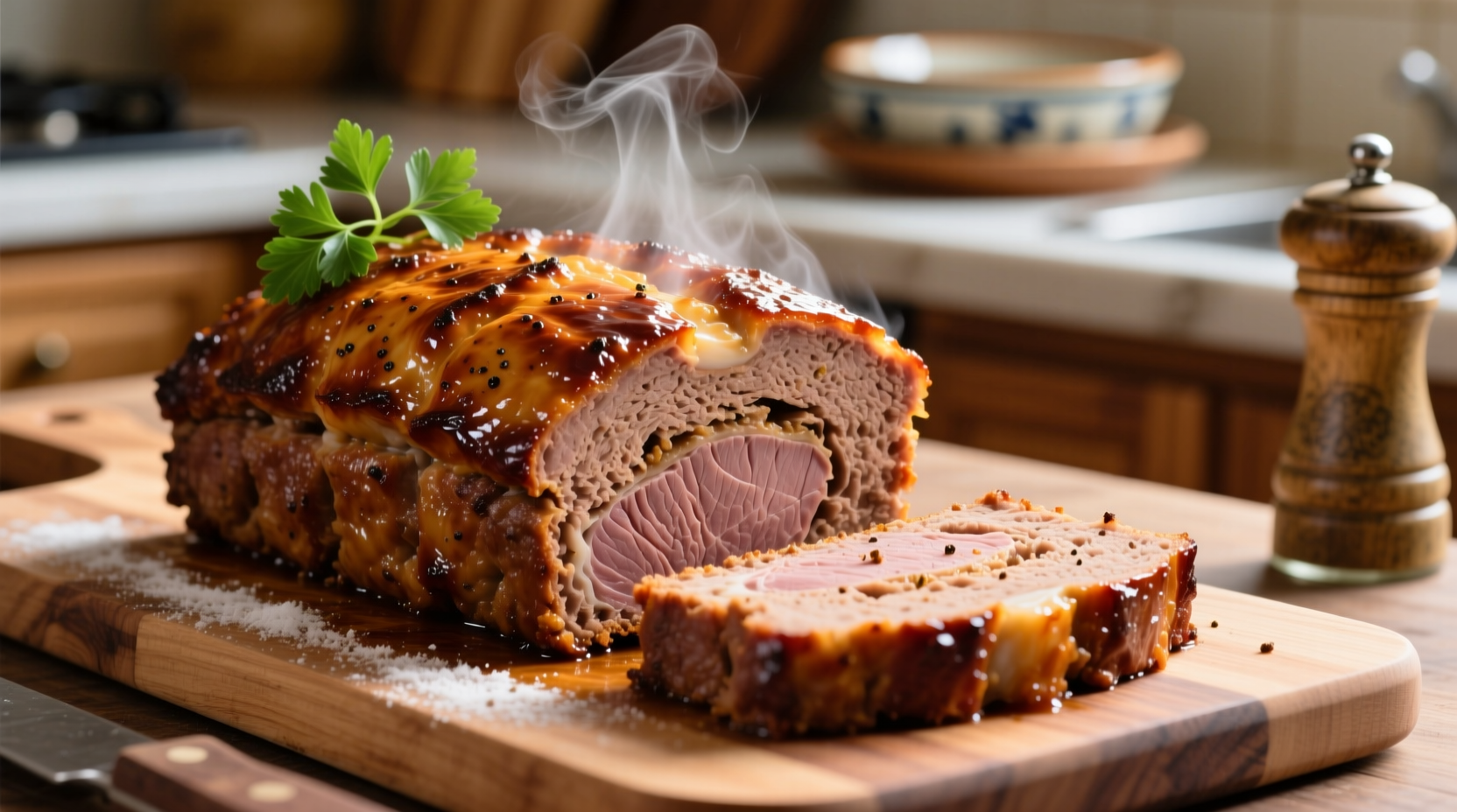 Perfectly cooked meatloaf with golden crust and moist interior