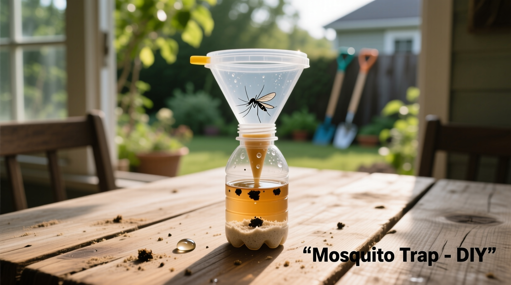 Plastic bottle mosquito trap materials on wooden table