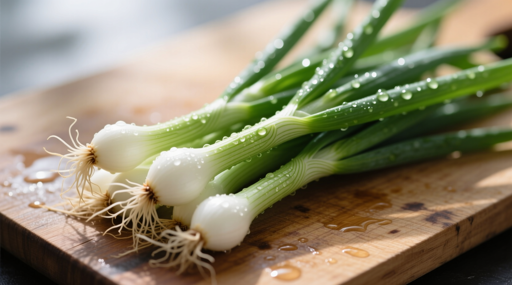 Fresh little green onions with white bulbs and vibrant green leaves
