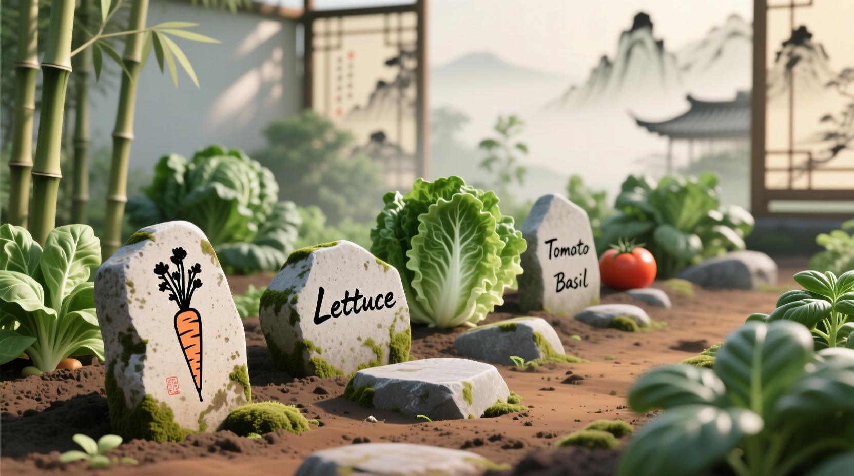 Painted rock garden markers in vegetable garden