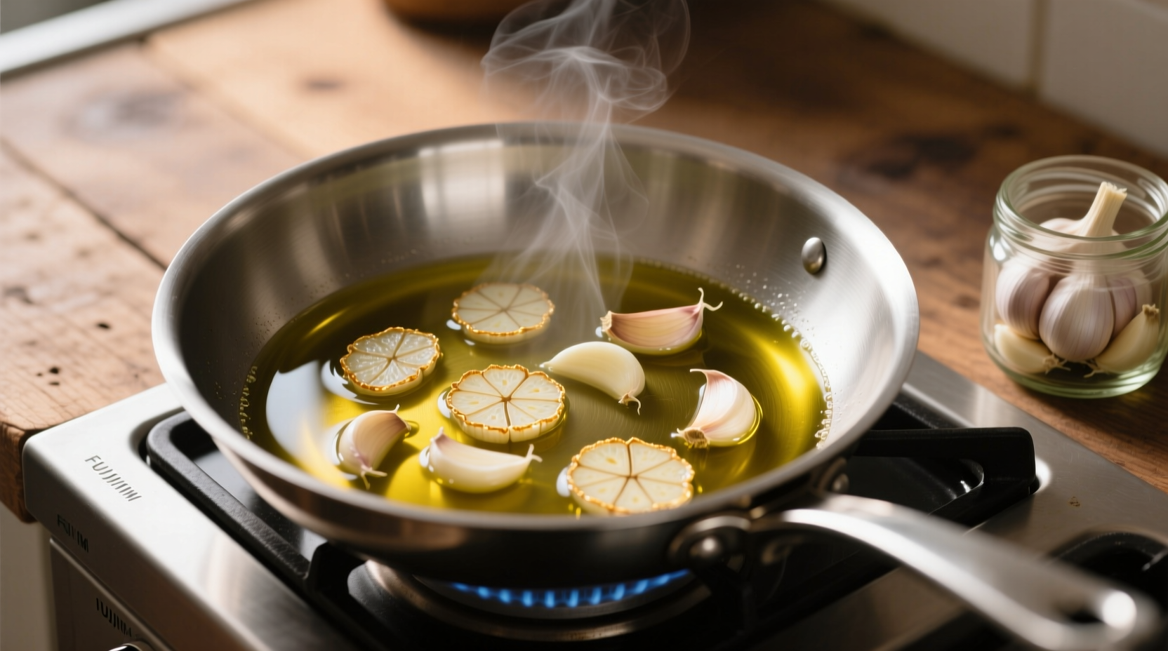 Garlic slices infusing in olive oil in cold pan