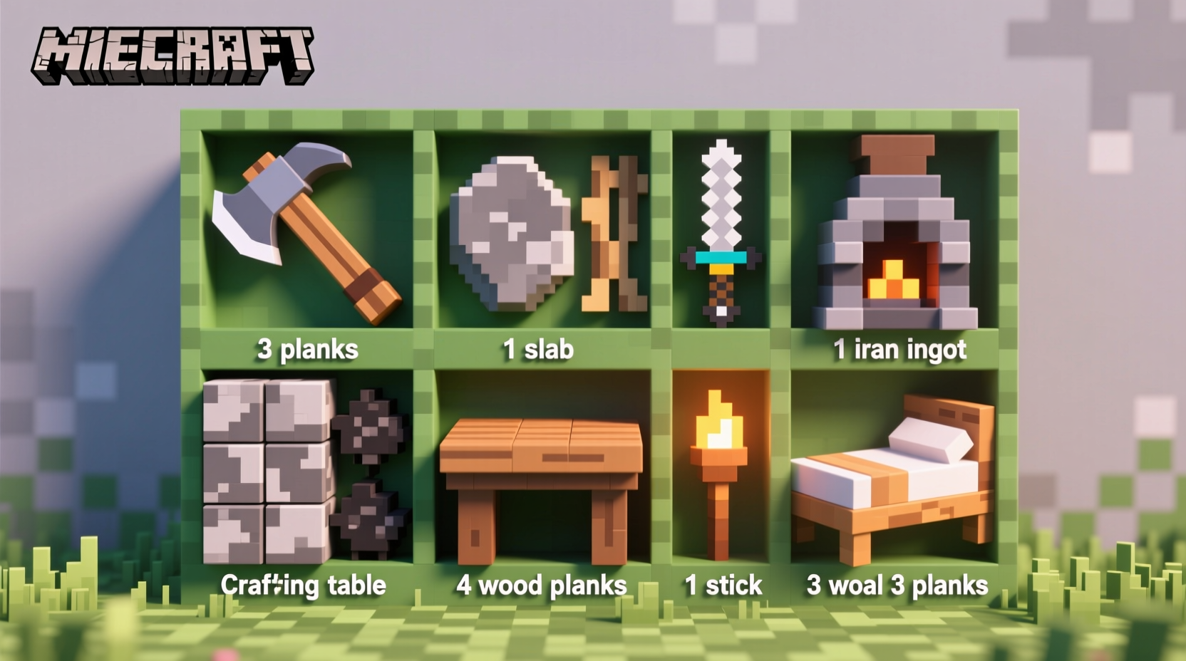 Minecraft crafting grid with essential survival recipes