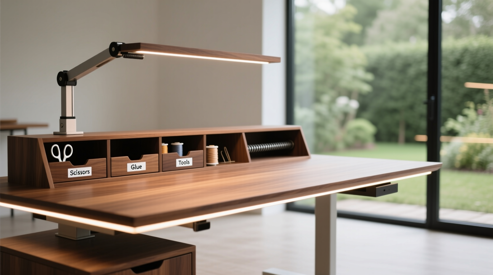 Craft desk with labeled storage compartments and adjustable height