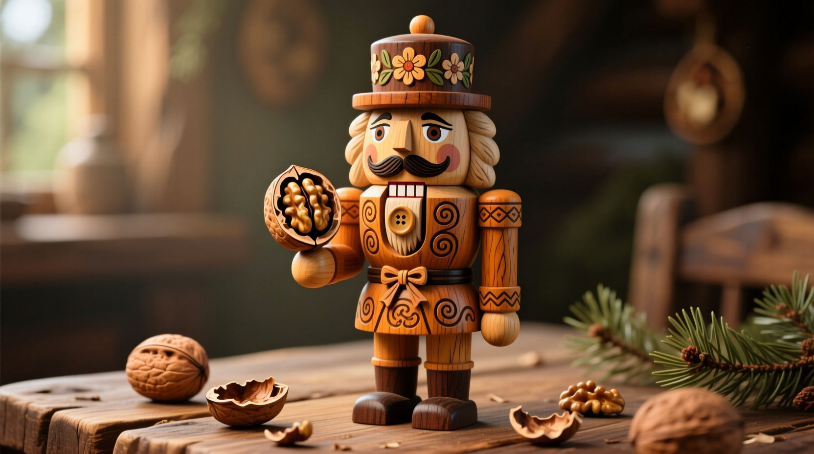 Finished DIY nutcracker holding walnut with decorative details