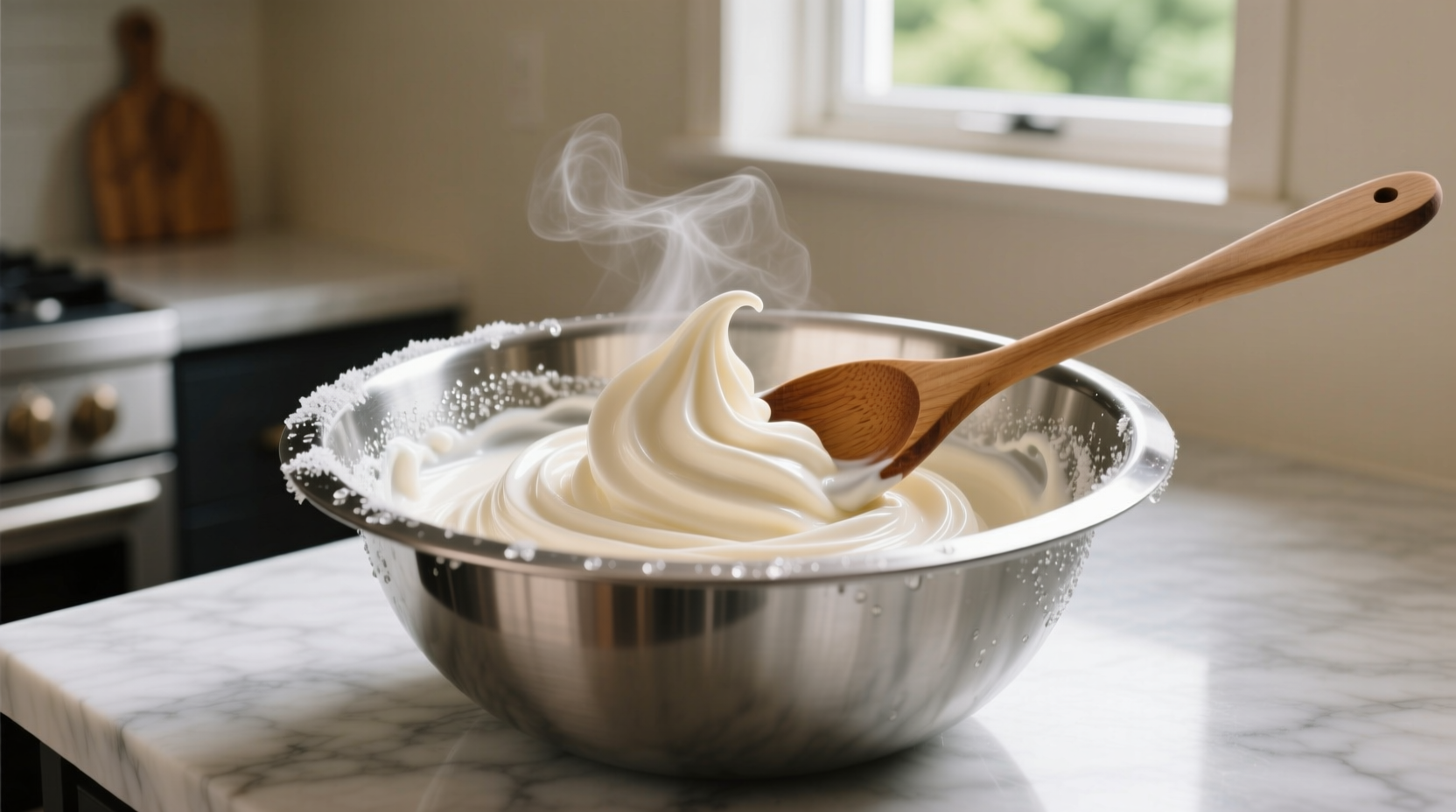 Whipping cream mixture in chilled metal bowl with wooden spoon