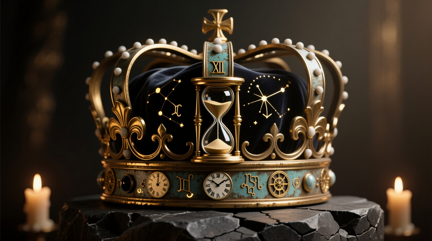 Properly aged Order of the Hour crown with hourglass motifs
