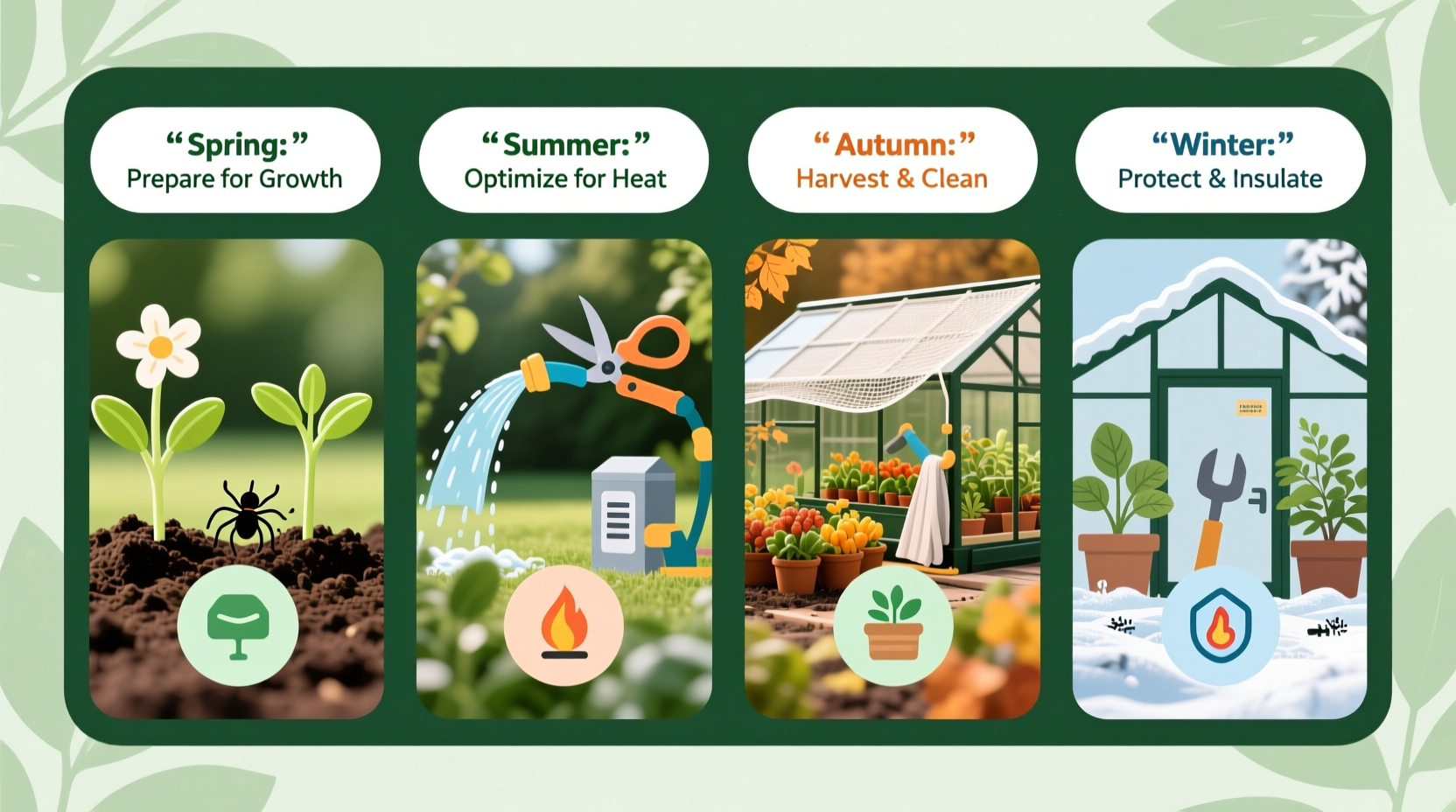 Greenhouse maintenance tasks for each season infographic