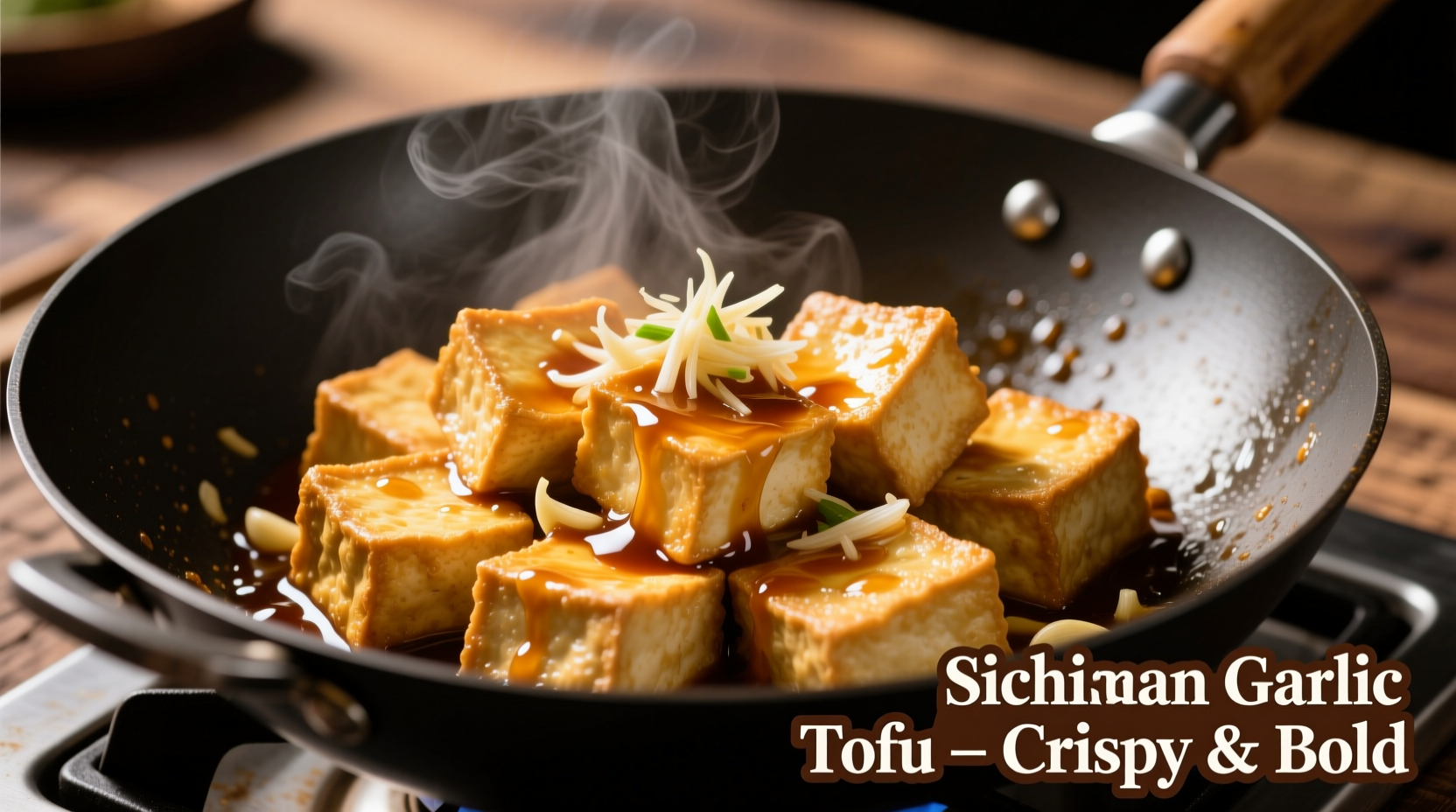 Crispy golden tofu pieces in wok with garlic sauce
