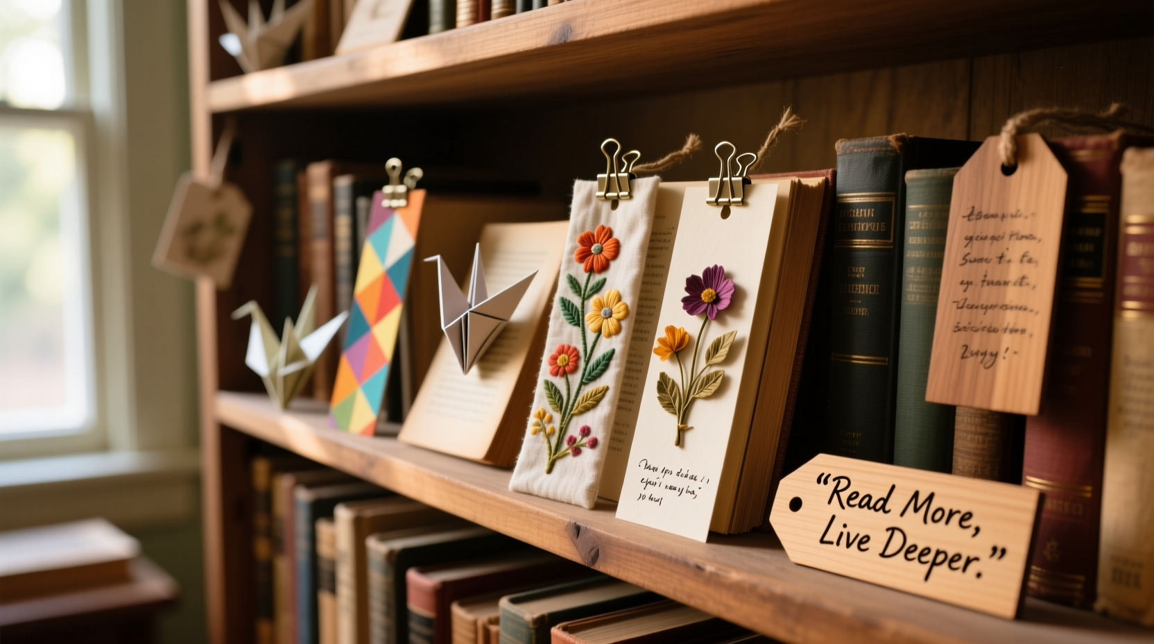 Various DIY bookmark styles on bookshelf