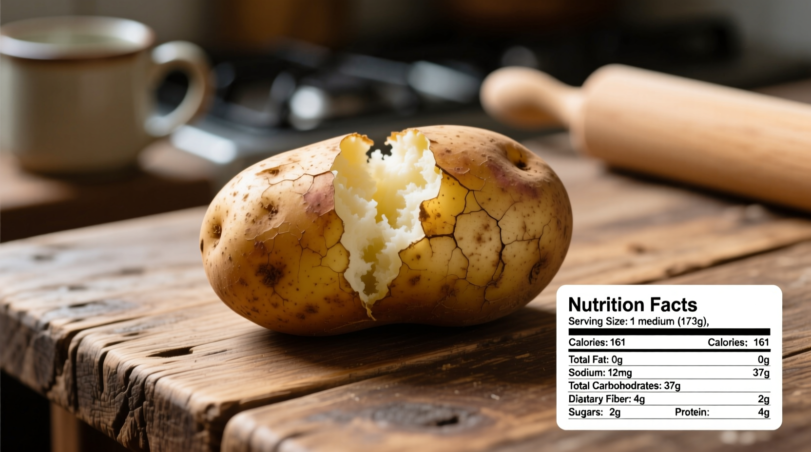 Nutrition facts of baked potato on wooden table