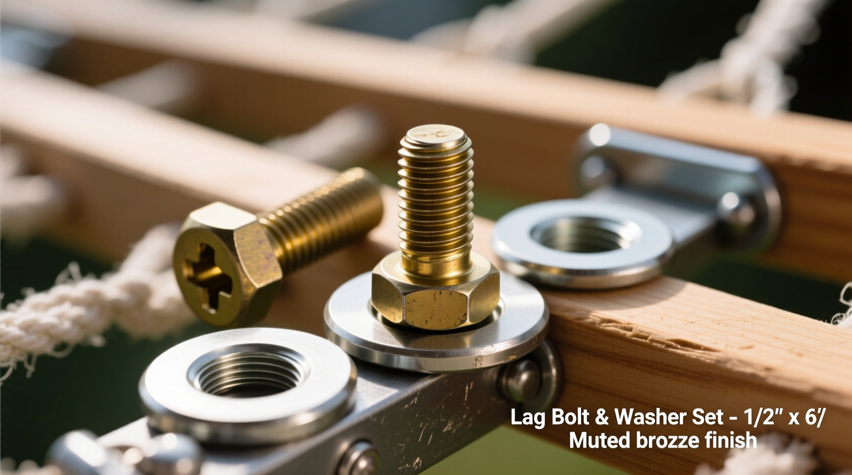 Close-up of lag bolts and washers for hammock stand assembly