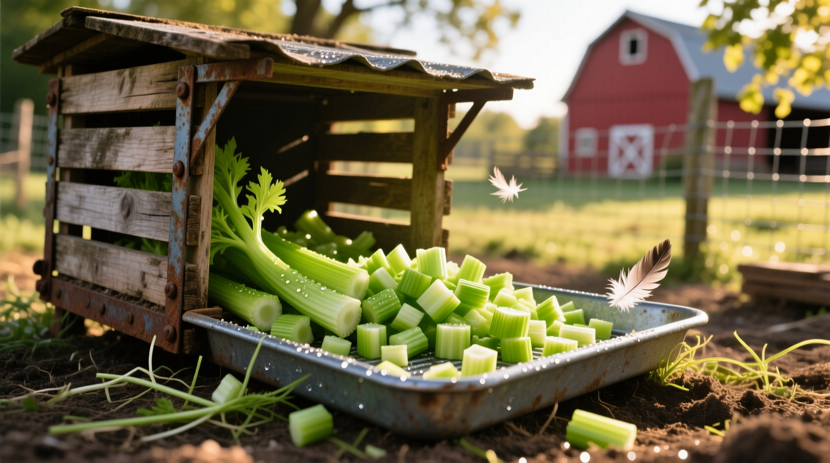 Chopped celery pieces in chicken feeder