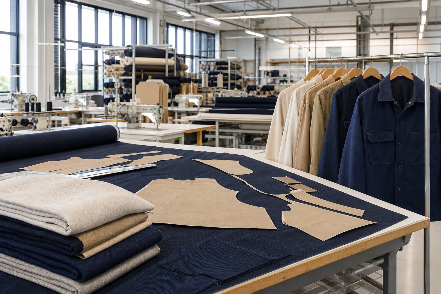 Illustrative garment production floor with fabrics and finished apparel