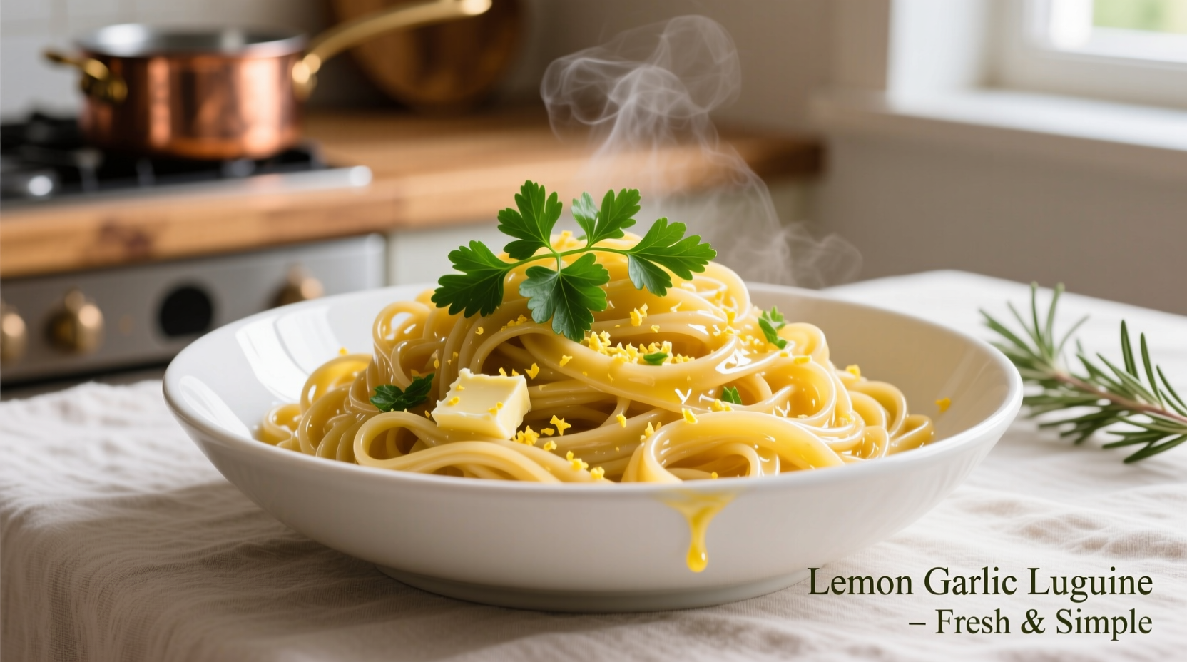 Golden lemon garlic linguine in white bowl with fresh parsley
