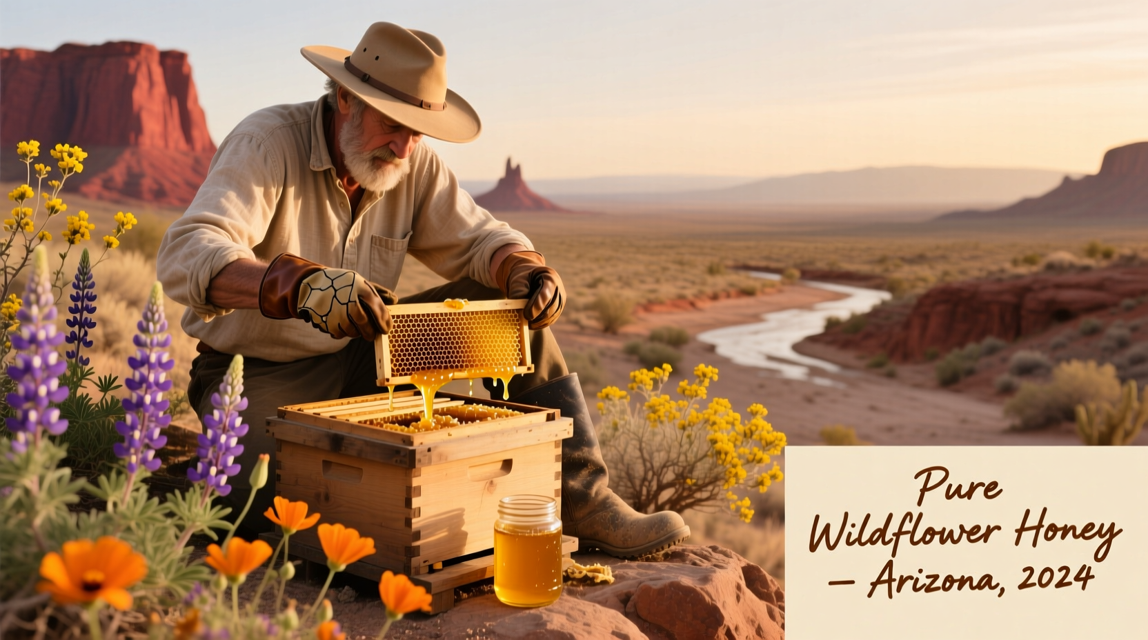 Arizona beekeeper holding honeycomb frame with amber wildflower honey dripping in desert setting