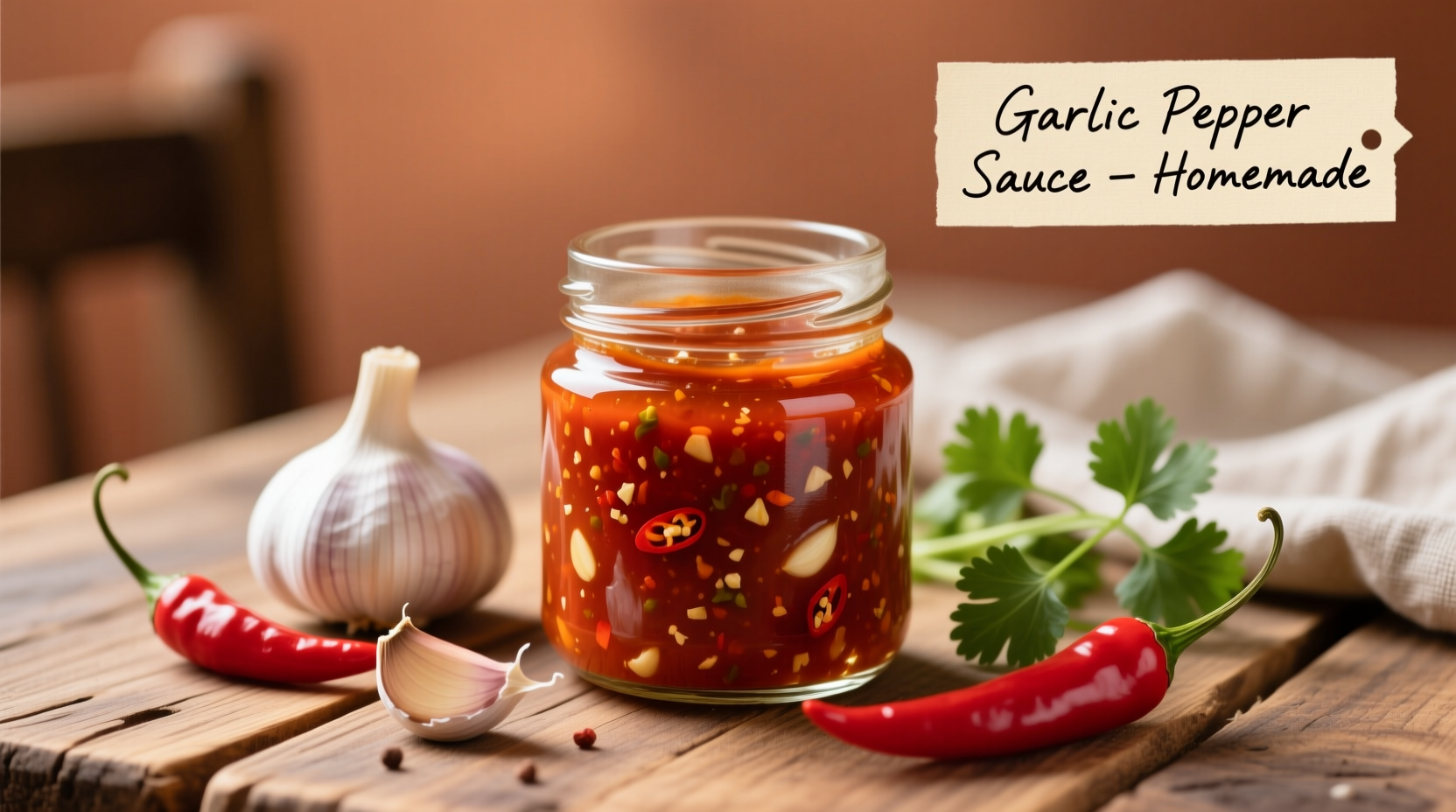 Homemade garlic pepper sauce in glass jar with fresh ingredients
