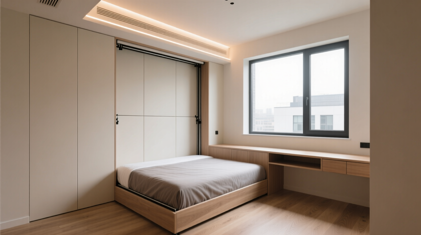 Murphy bed installed in compact studio apartment