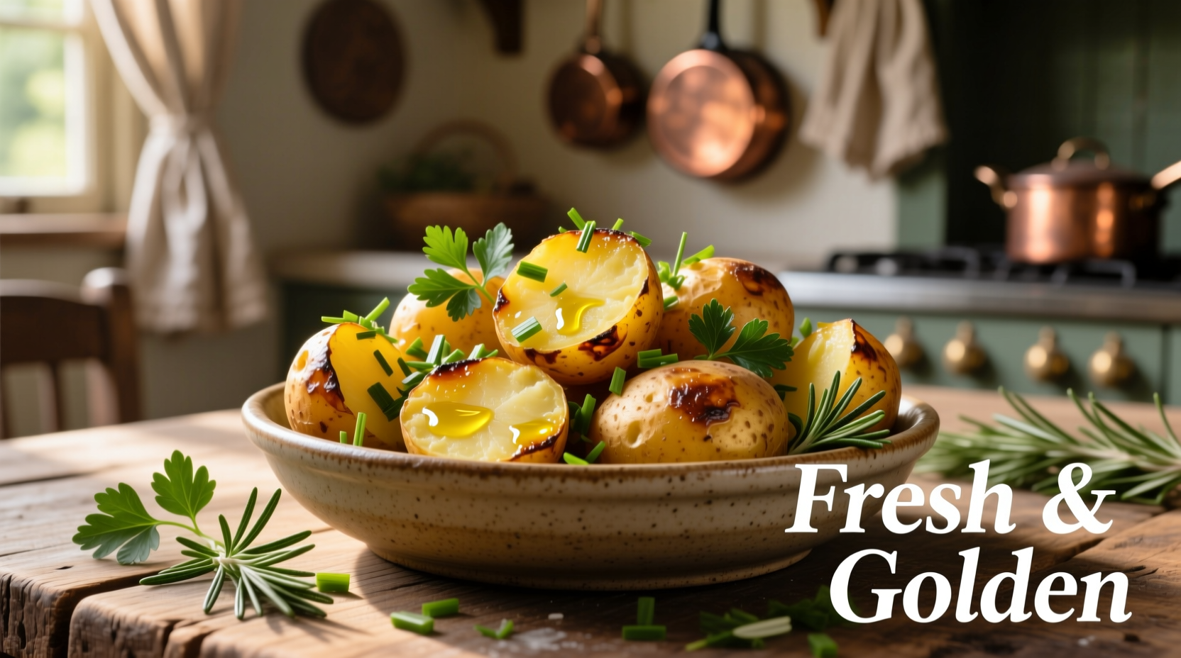 Golden roasted yellow potatoes with fresh herbs