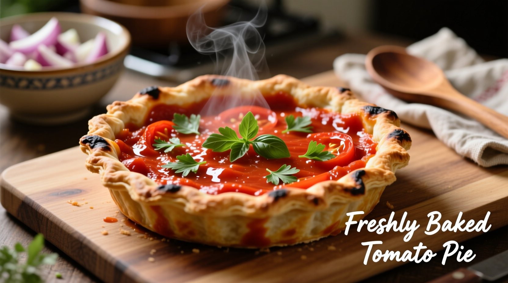 Freshly baked tomato pie with vibrant red sauce