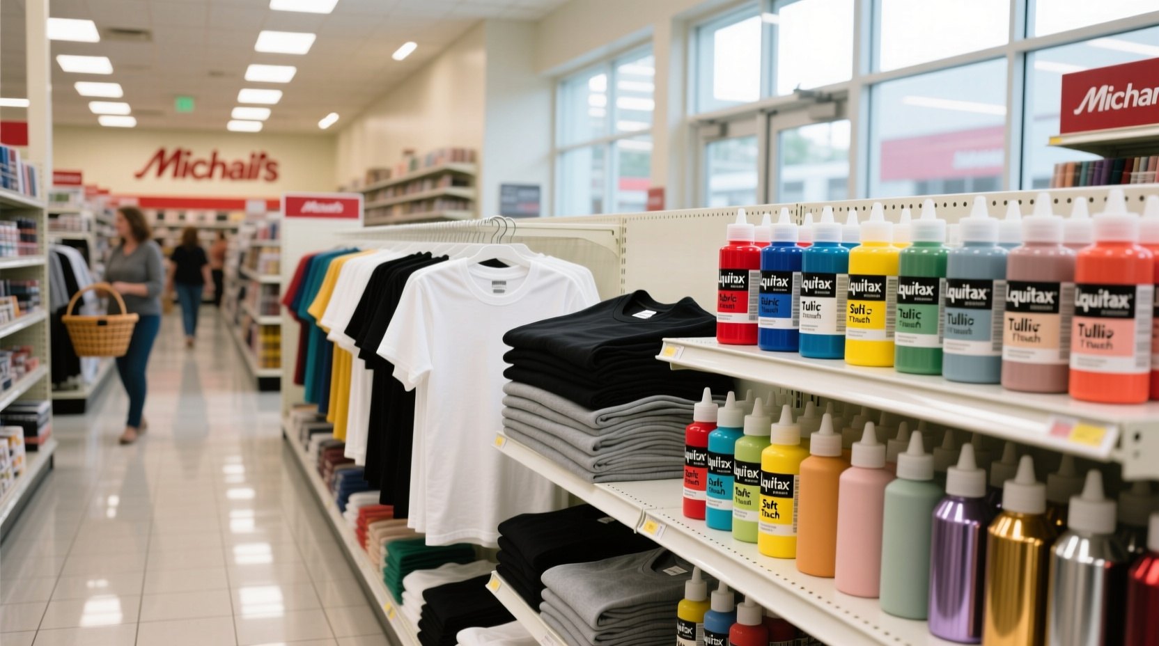 Michaels craft store aisle with blank t-shirts and fabric paints