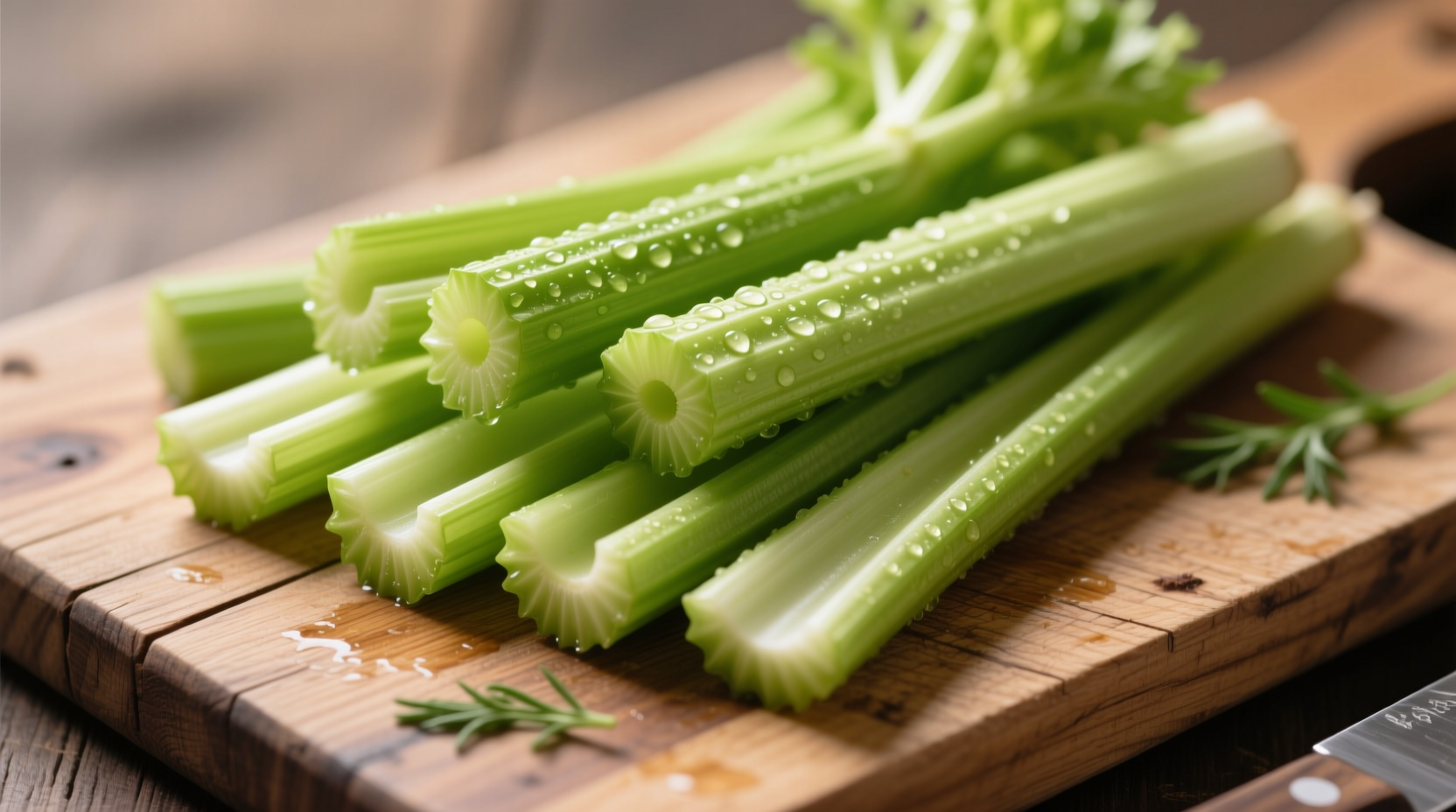 Fresh celery sticks arranged on cutting board