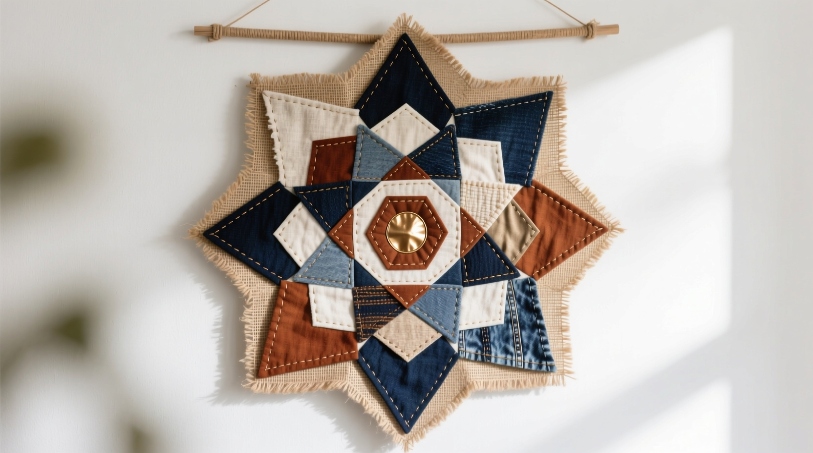 Fabric scrap wall hanging with geometric patterns