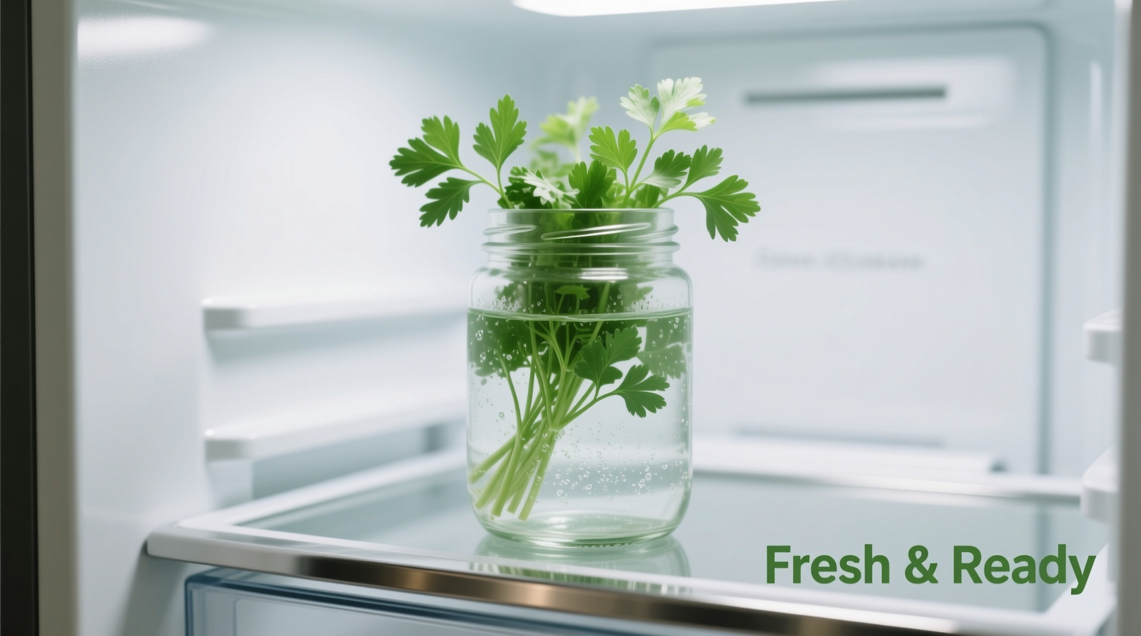 Fresh parsley stored in glass with water in refrigerator