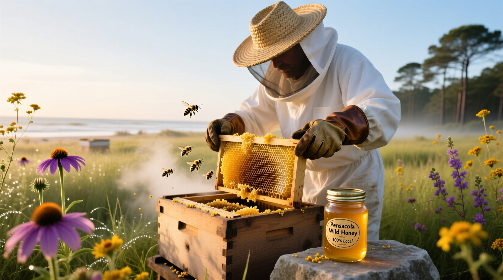 Pensacola beekeeper inspecting honeycomb frames in coastal apiary with Gulf of Mexico visible