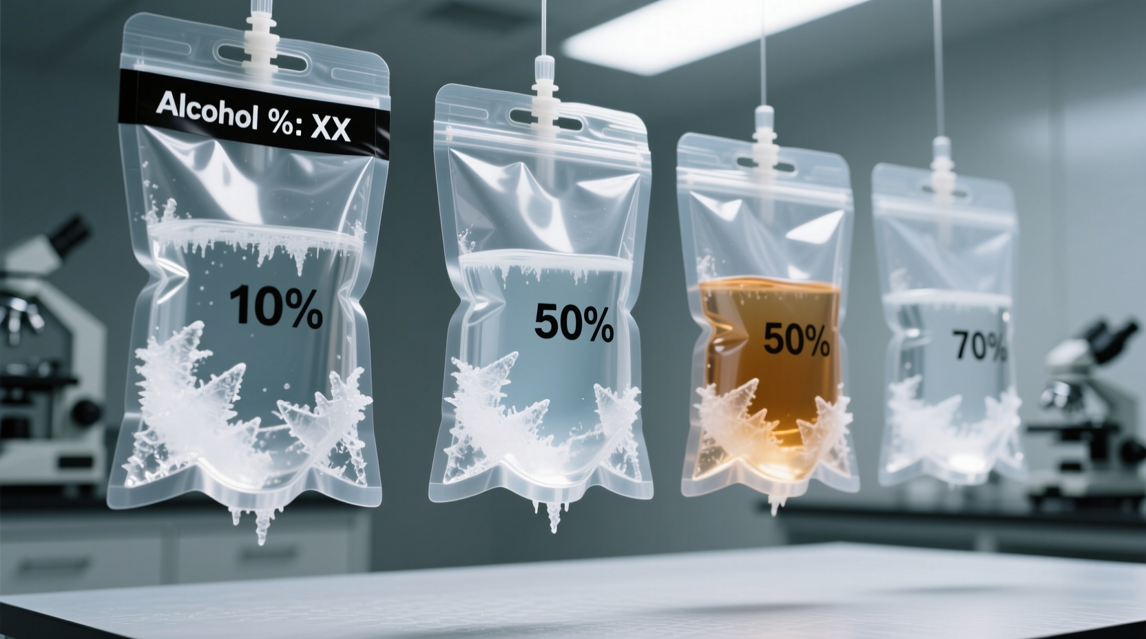 Alcohol water mixture in sealed plastic bags before freezing