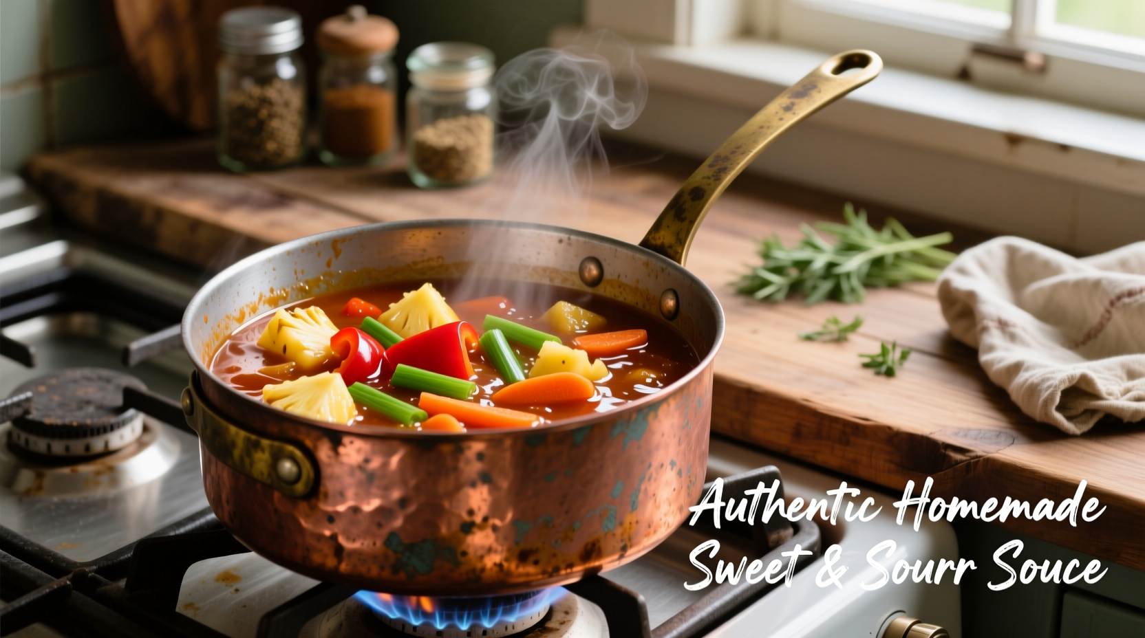 Homemade sweet sour sauce simmering in copper pot with ingredients