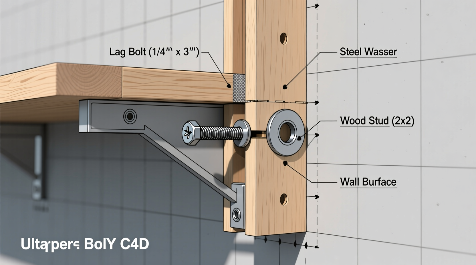 Anchoring garage shelves to wall studs with lag bolts and washers
