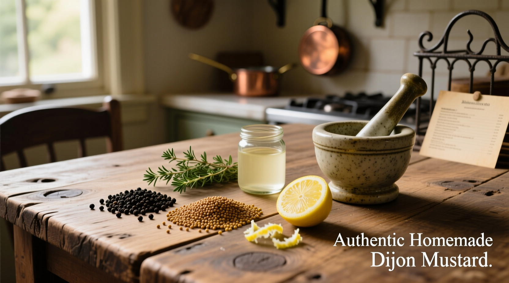 Homemade dijon mustard ingredients on wooden table