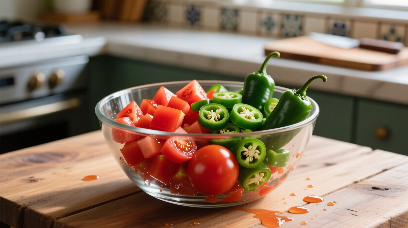 Chopped fresh tomatoes and jalapeños in glass bowl