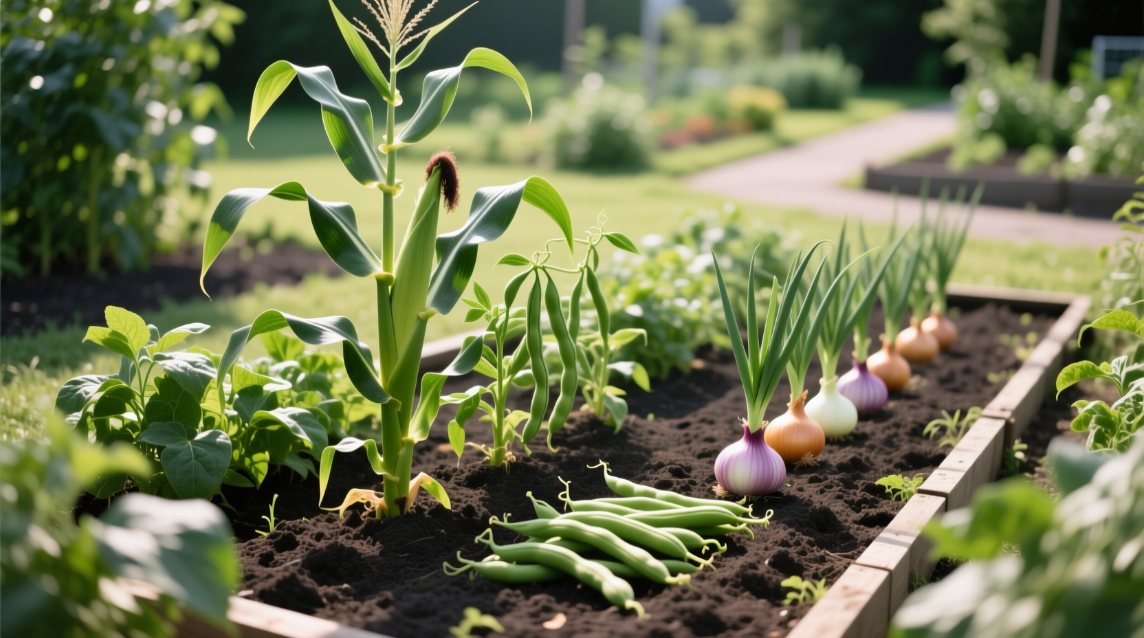 Mid-summer garden layout - corn and beans pairing - requires separation from onions - companion planting spacing guide