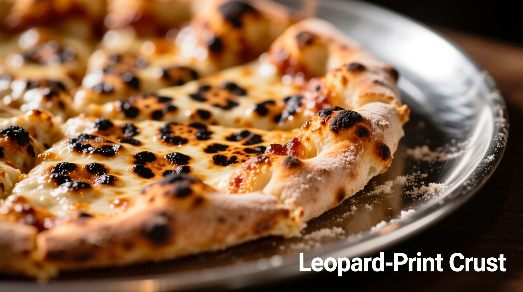 Pizza on steel showing leopard spotting crust