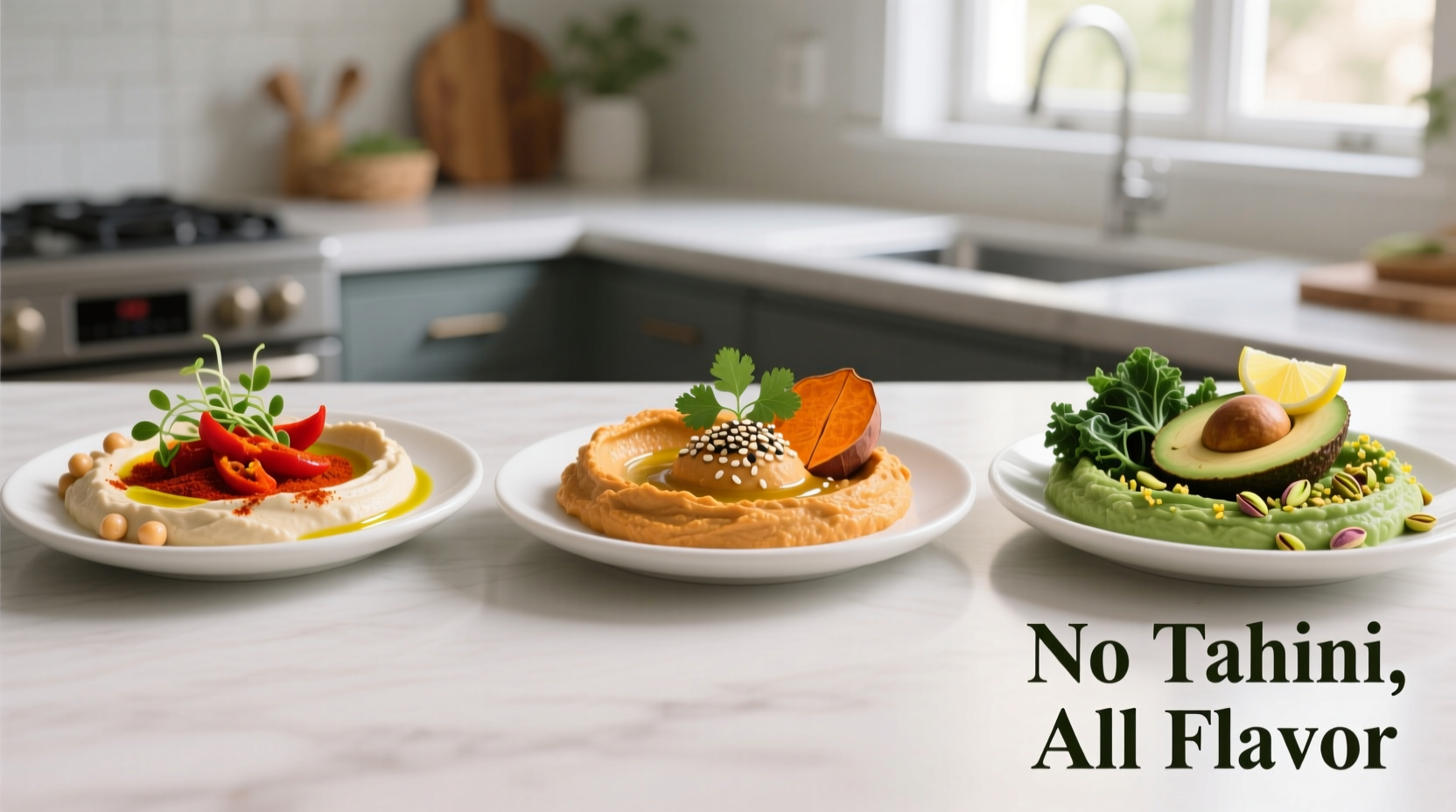 Three variations of homemade hummus without tahini