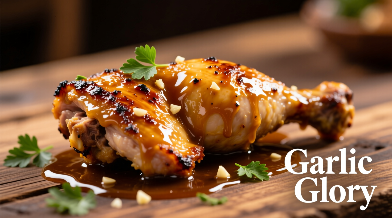 Golden brown chicken with glossy garlic sauce
