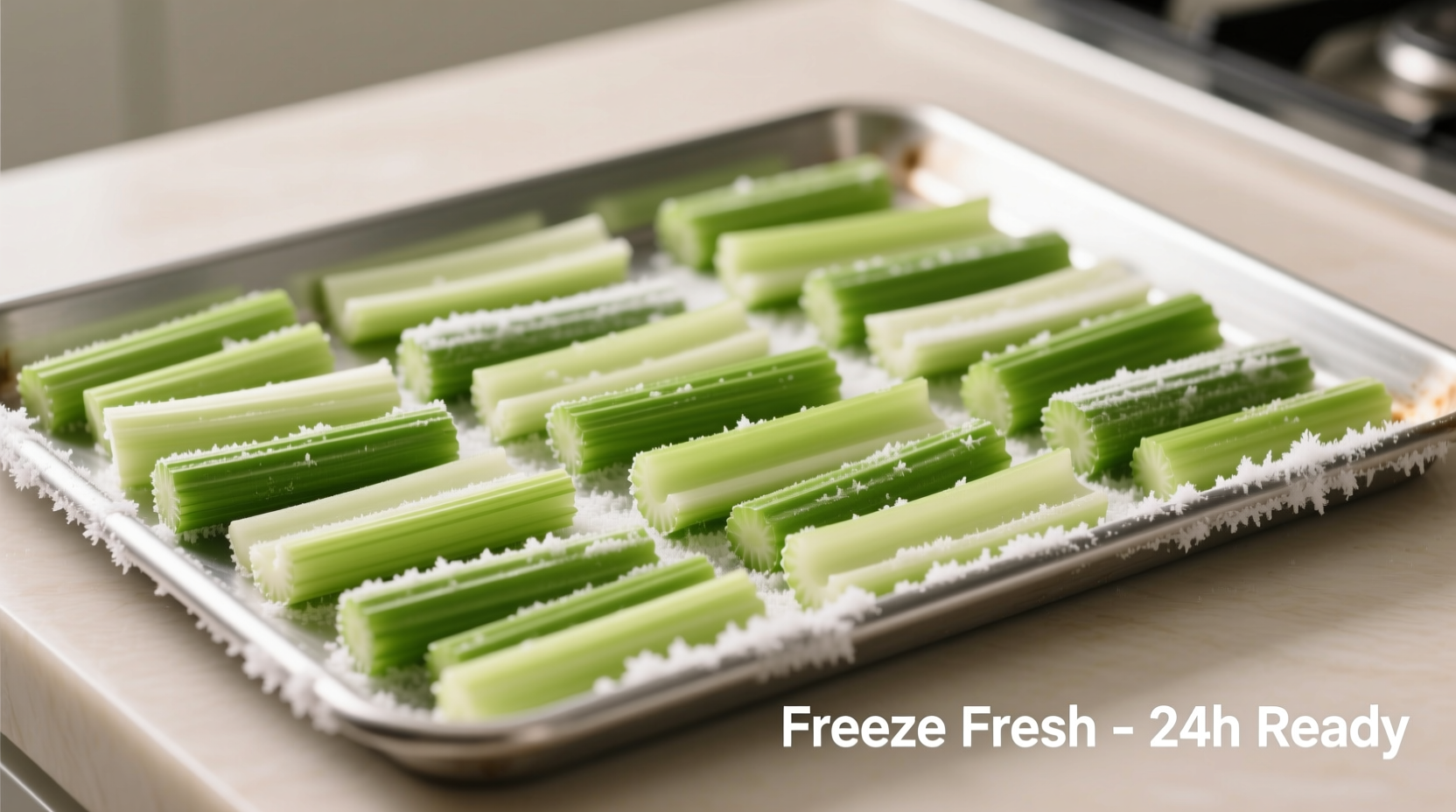 Chopped celery on baking sheet ready for freezing