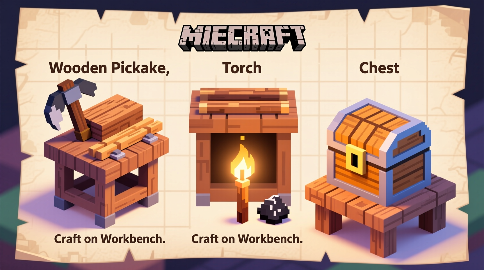 Visual guide showing Minecraft crafting recipes for pickaxe torches and chest