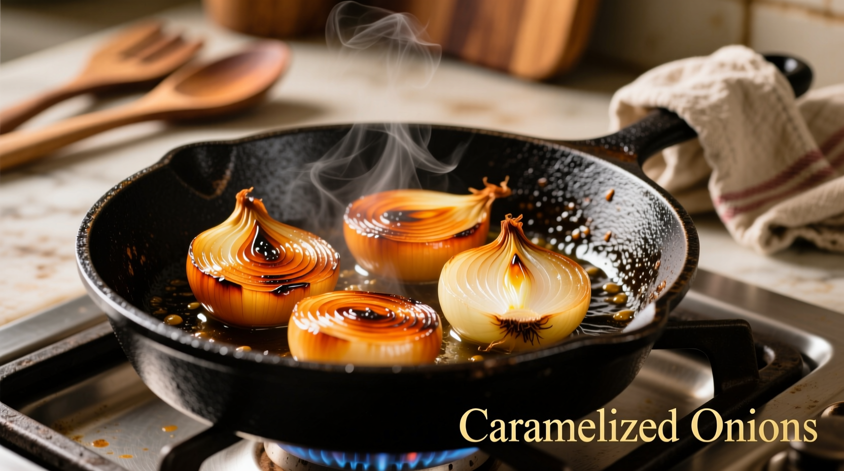 Perfectly caramelized onions sizzling in cast iron skillet