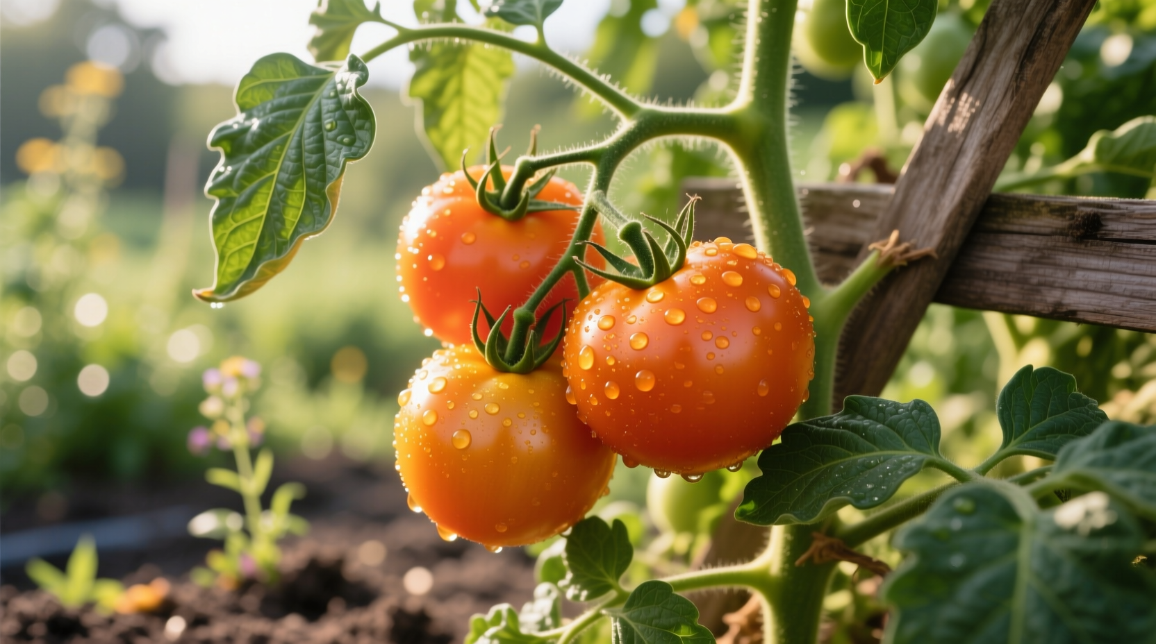 Golden-orange Sungold tomatoes on vine with green leaves