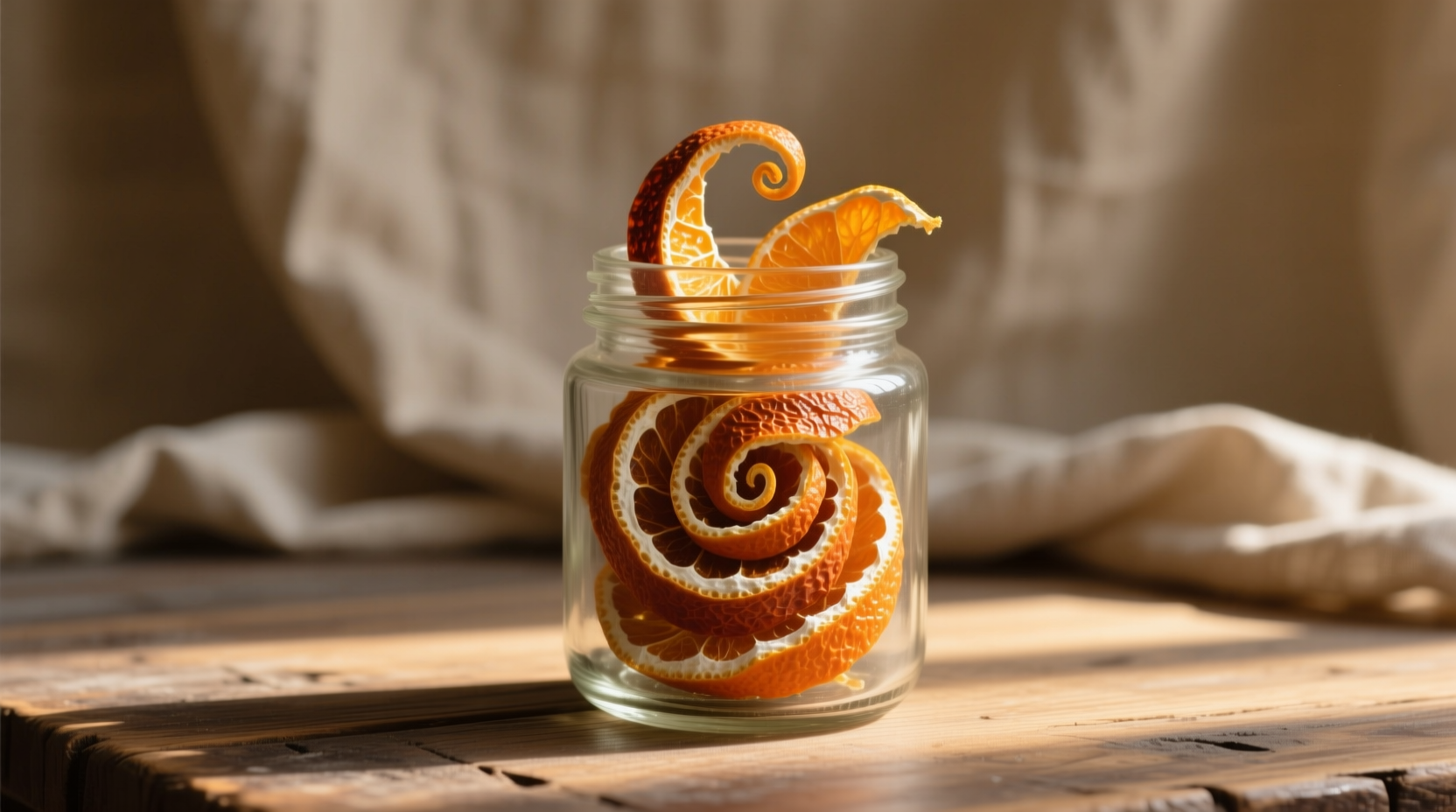 Dried orange peels neatly arranged in a clear mason jar, showing uniform color and dry texture for kitchen storage