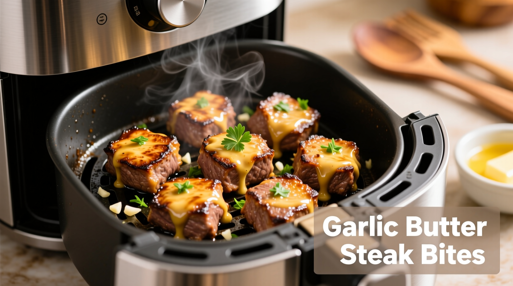 golden garlic butter steak bites in air fryer basket