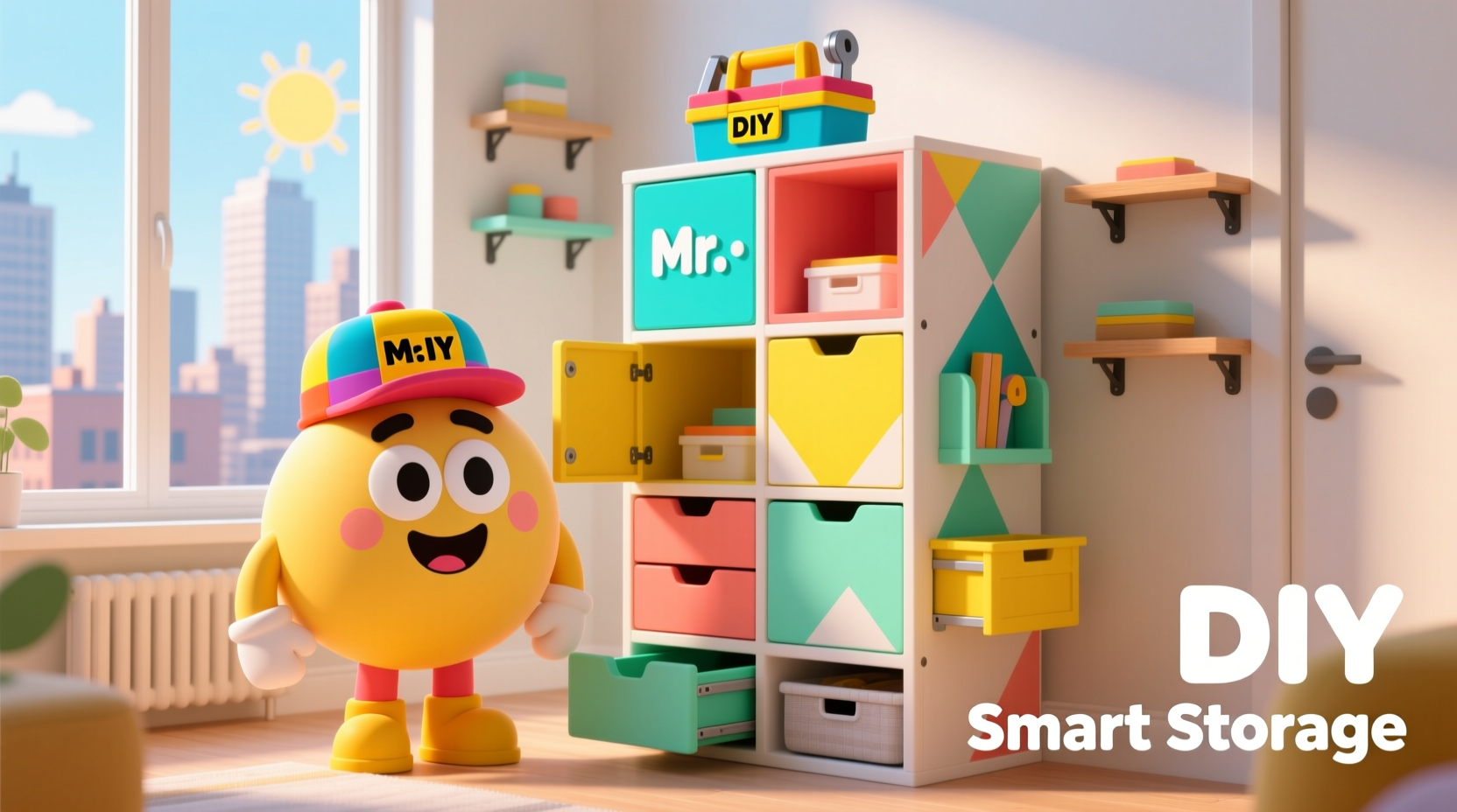 Colorful Mr. DIY storage solutions for small apartments