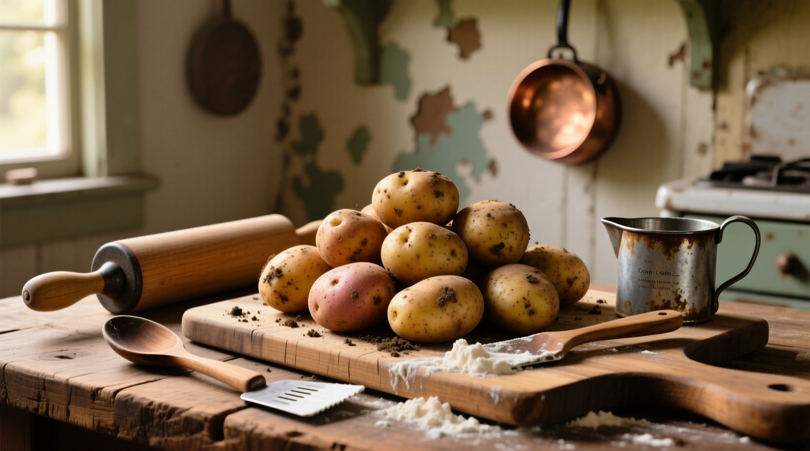 Russet potatoes on wooden cutting board with baking utensils