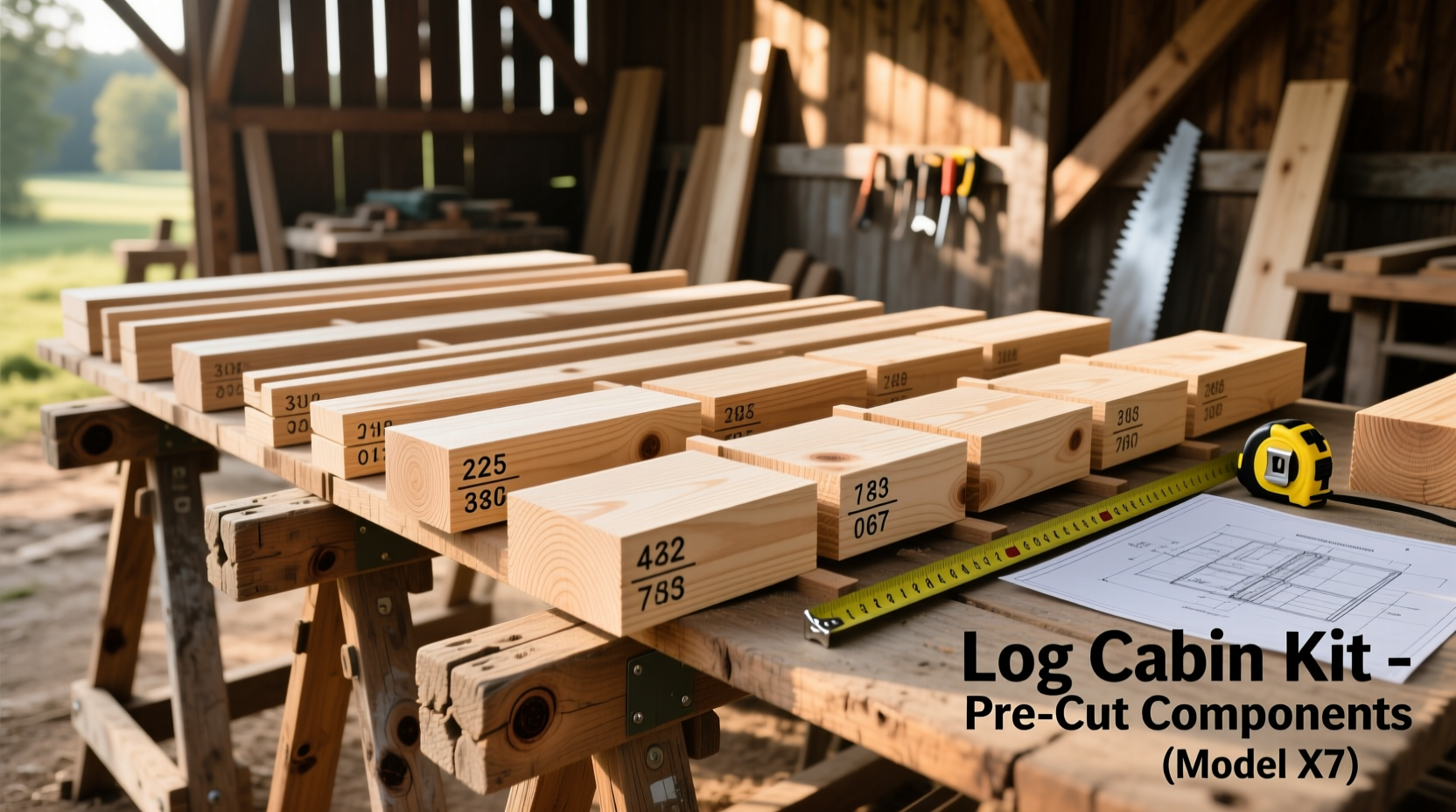 Pre-cut log cabin kit components laid out on sawhorses