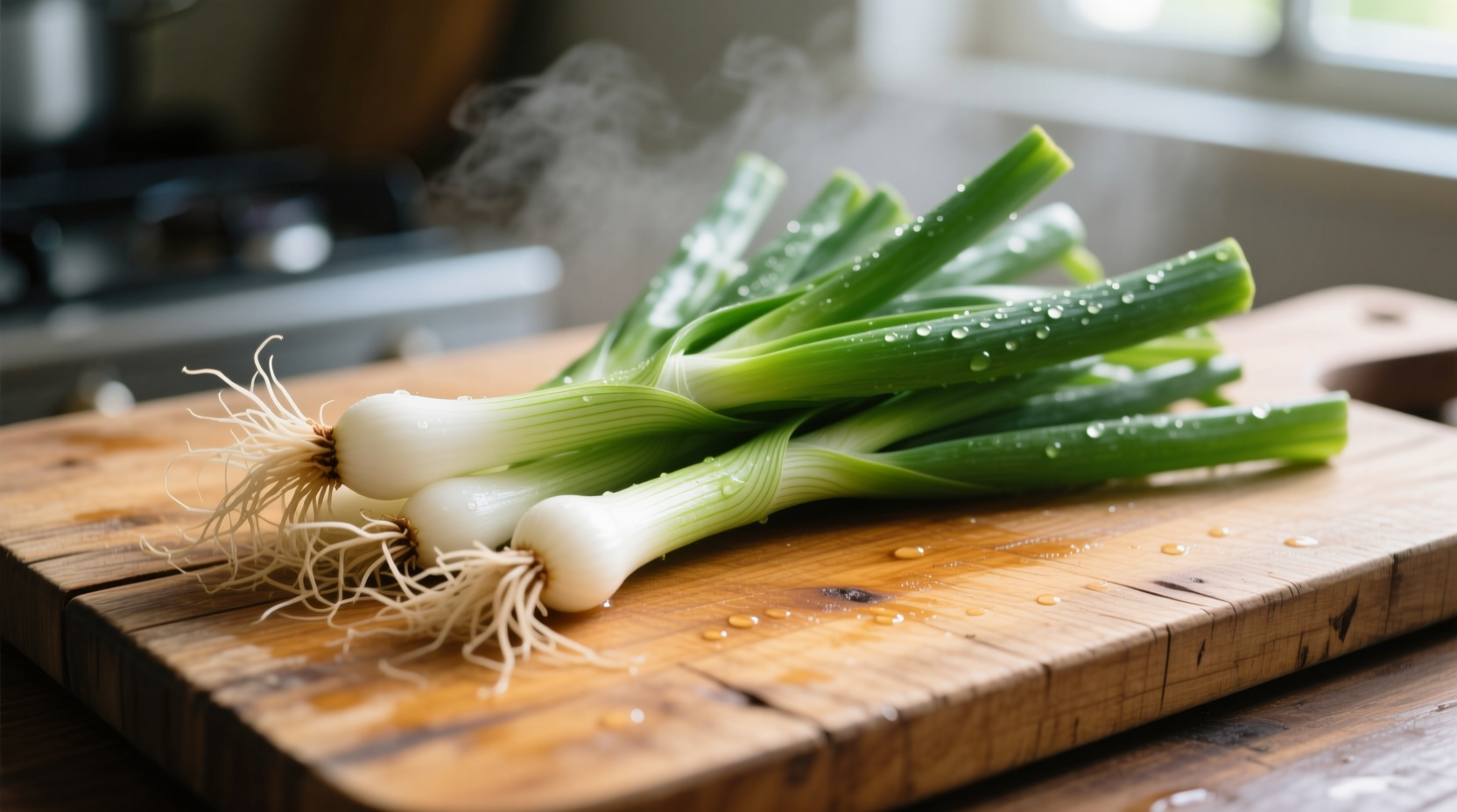 Fresh scallions with white roots and green leaves on wooden cutting board