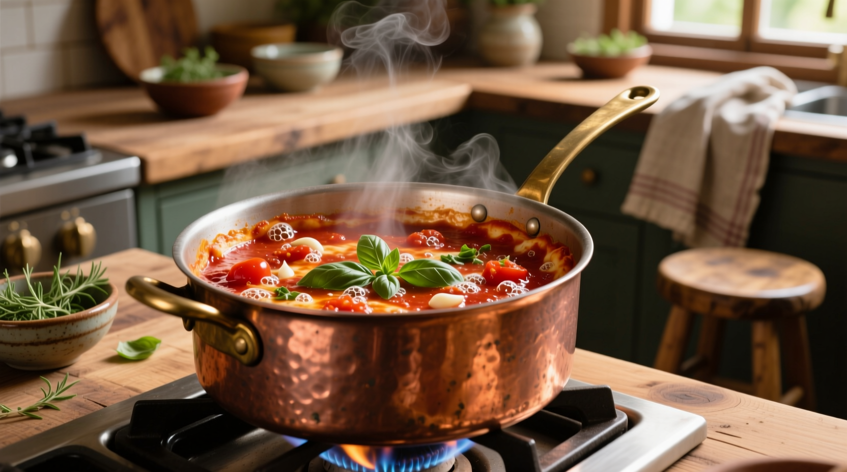 Homemade pizza sauce simmering in copper pot