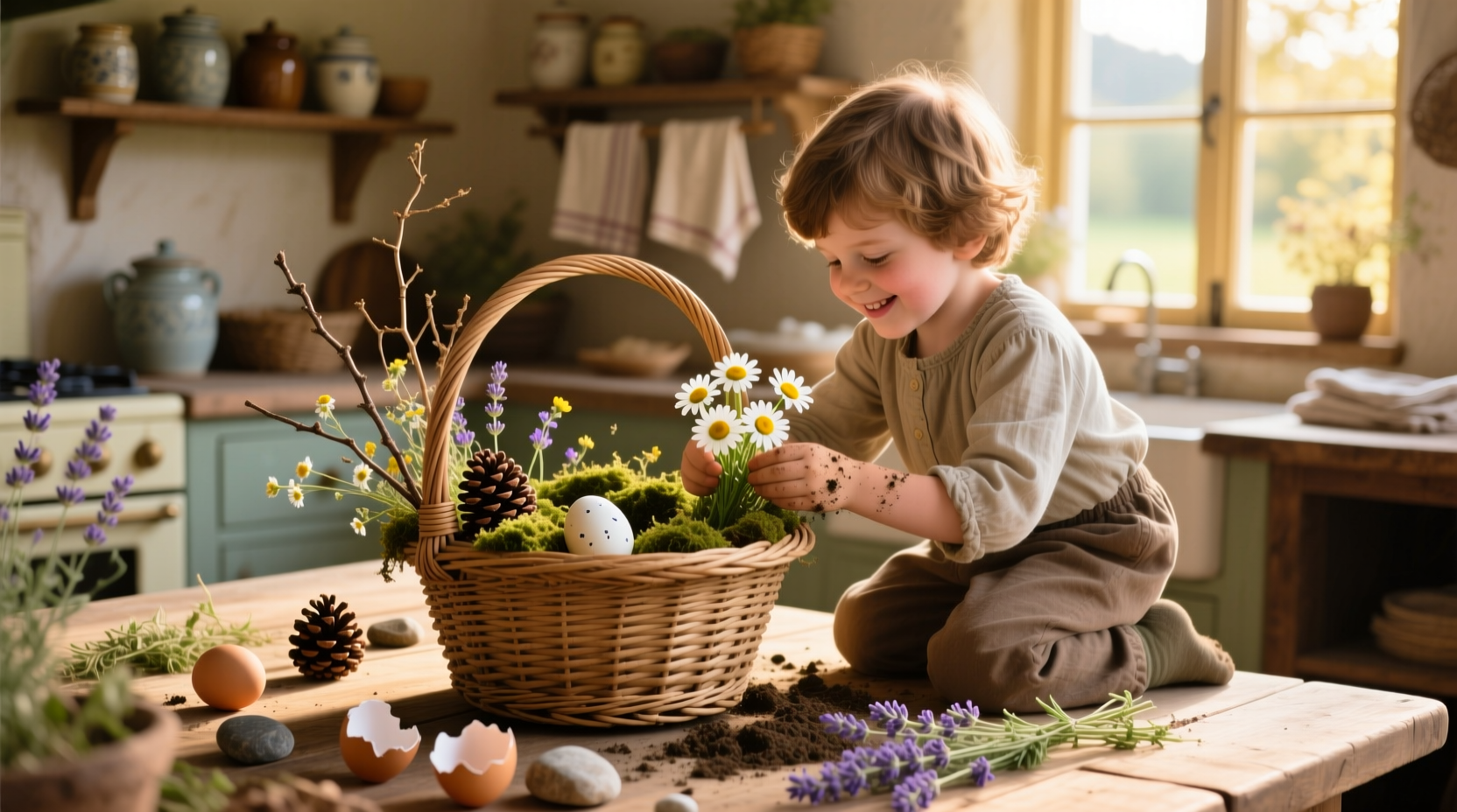 Child decorating DIY Easter basket with natural materials